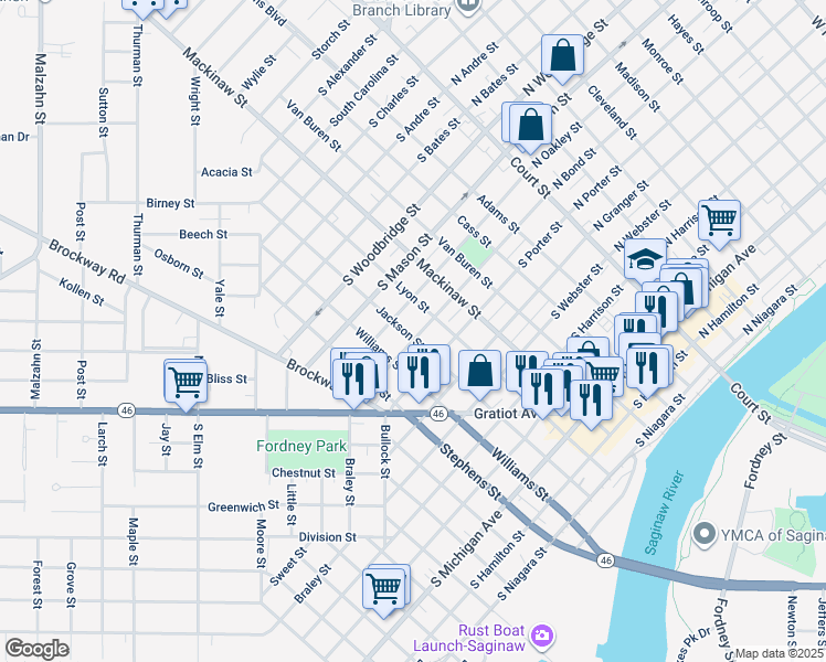 map of restaurants, bars, coffee shops, grocery stores, and more near 623 South Bond Street in Saginaw