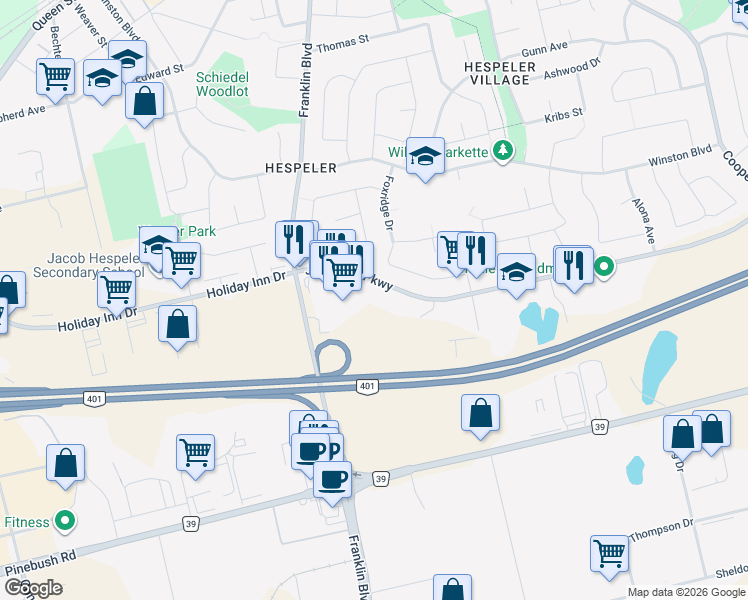 map of restaurants, bars, coffee shops, grocery stores, and more near 200 Jamieson Parkway in Cambridge