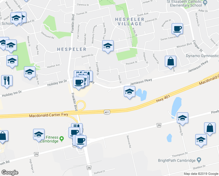 map of restaurants, bars, coffee shops, grocery stores, and more near 200 Jamieson Parkway in Cambridge