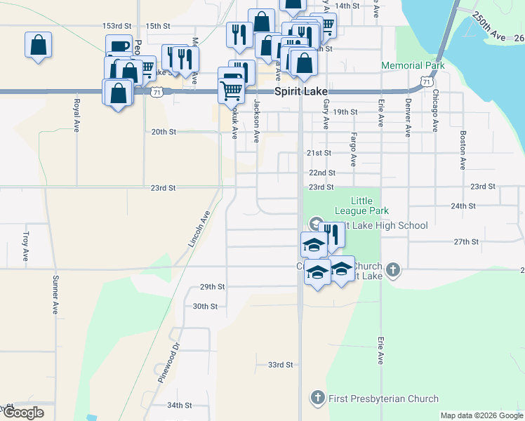 map of restaurants, bars, coffee shops, grocery stores, and more near 998 25th St in Spirit Lake