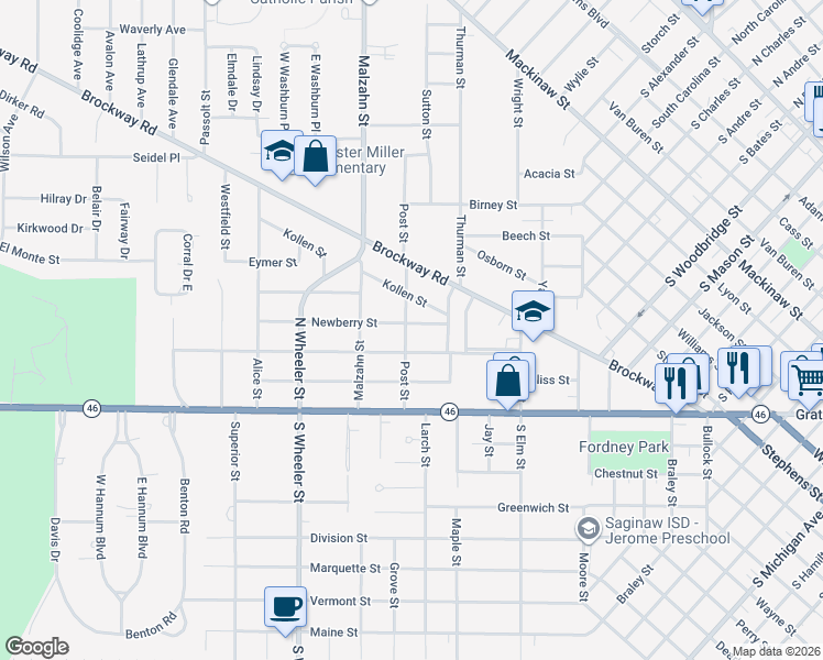 map of restaurants, bars, coffee shops, grocery stores, and more near 1725 Newberry Street in Saginaw