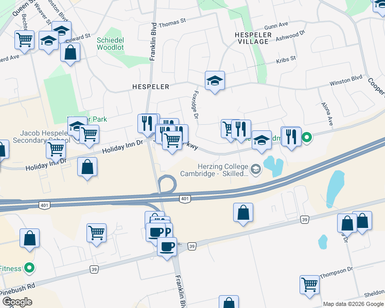 map of restaurants, bars, coffee shops, grocery stores, and more near 200 Jamieson Parkway in Cambridge