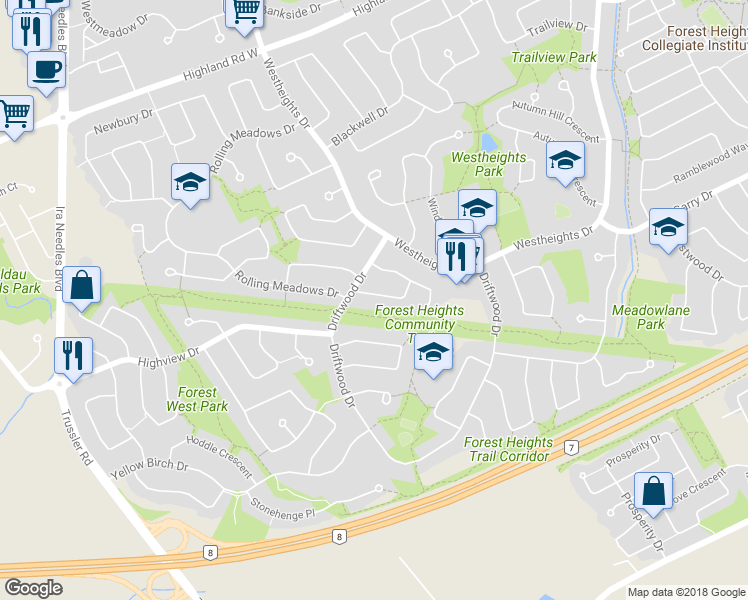 map of restaurants, bars, coffee shops, grocery stores, and more near 19 Thorncliffe Street in Kitchener