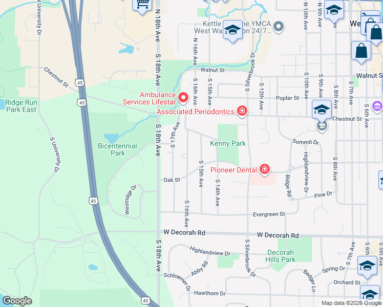 map of restaurants, bars, coffee shops, grocery stores, and more near 523 South 16th Avenue in West Bend