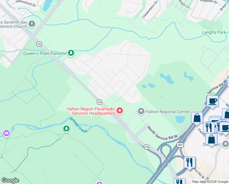 map of restaurants, bars, coffee shops, grocery stores, and more near 1265 Bronte Road in Oakville