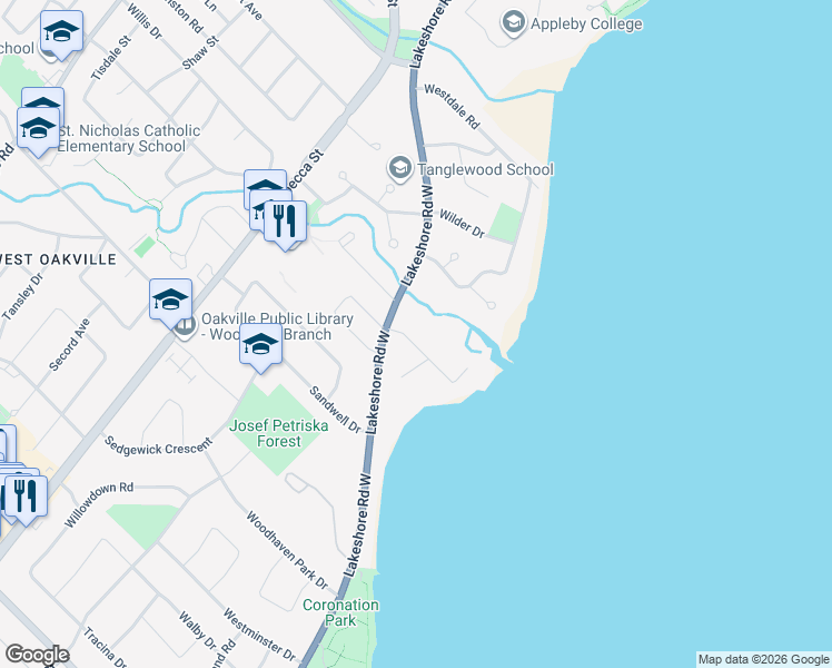 map of restaurants, bars, coffee shops, grocery stores, and more near 145 Wolfdale Avenue in Oakville