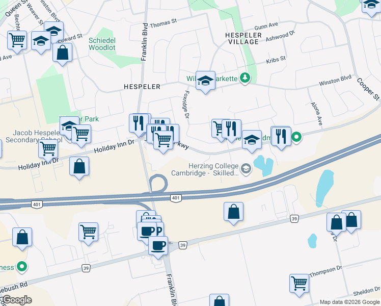 map of restaurants, bars, coffee shops, grocery stores, and more near 200 Jamieson Parkway in Cambridge
