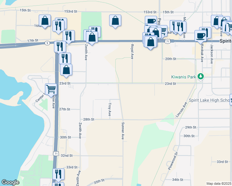 map of restaurants, bars, coffee shops, grocery stores, and more near 2300 Sunner Avenue in Spirit Lake