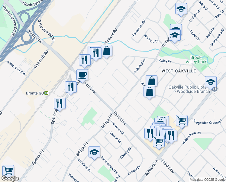 map of restaurants, bars, coffee shops, grocery stores, and more near 623 Weynway Court in Oakville