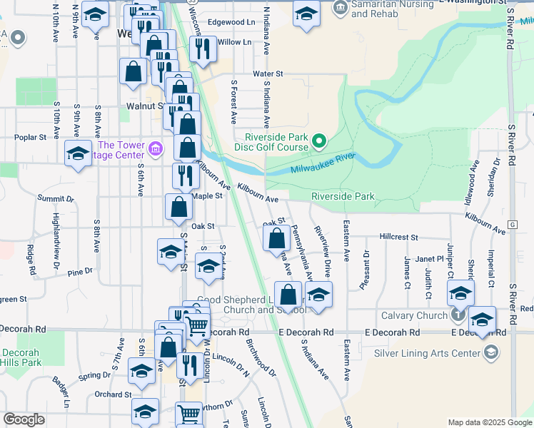 map of restaurants, bars, coffee shops, grocery stores, and more near 528 South Indiana Avenue in West Bend