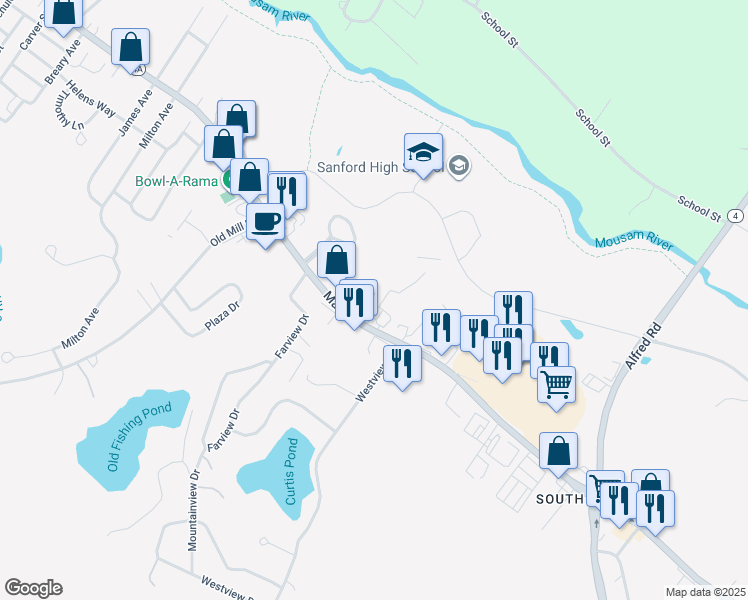 map of restaurants, bars, coffee shops, grocery stores, and more near 62 Mayflower Drive in Sanford