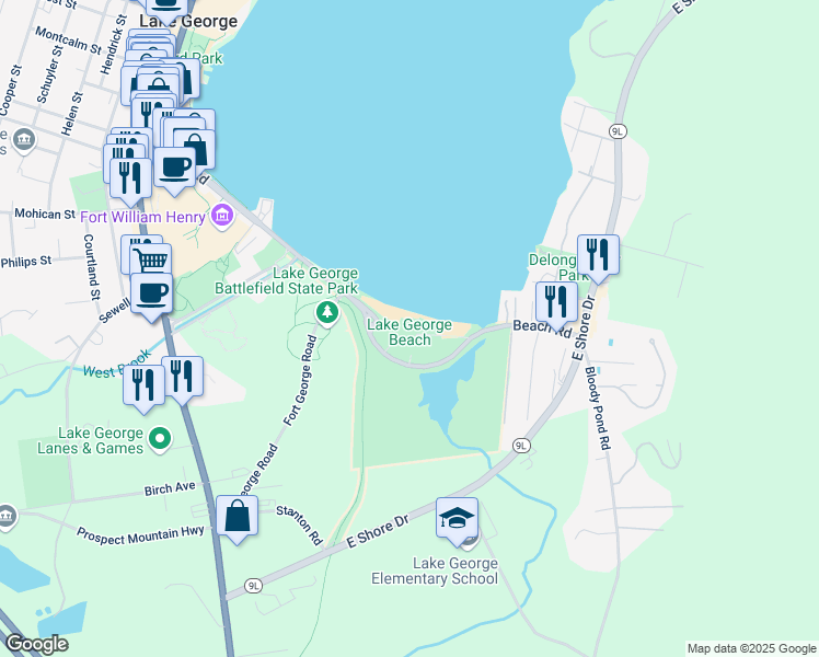 map of restaurants, bars, coffee shops, grocery stores, and more near 139 Beach Road in Lake George