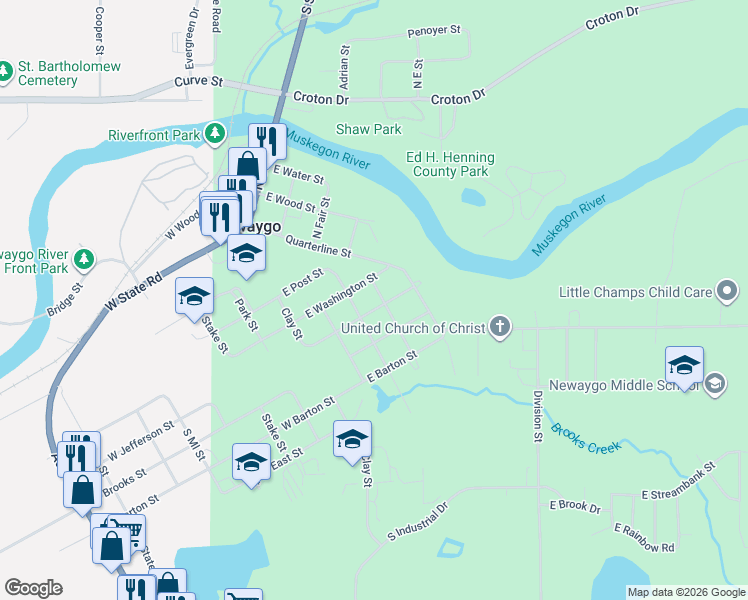 map of restaurants, bars, coffee shops, grocery stores, and more near 217 John Street in Newaygo