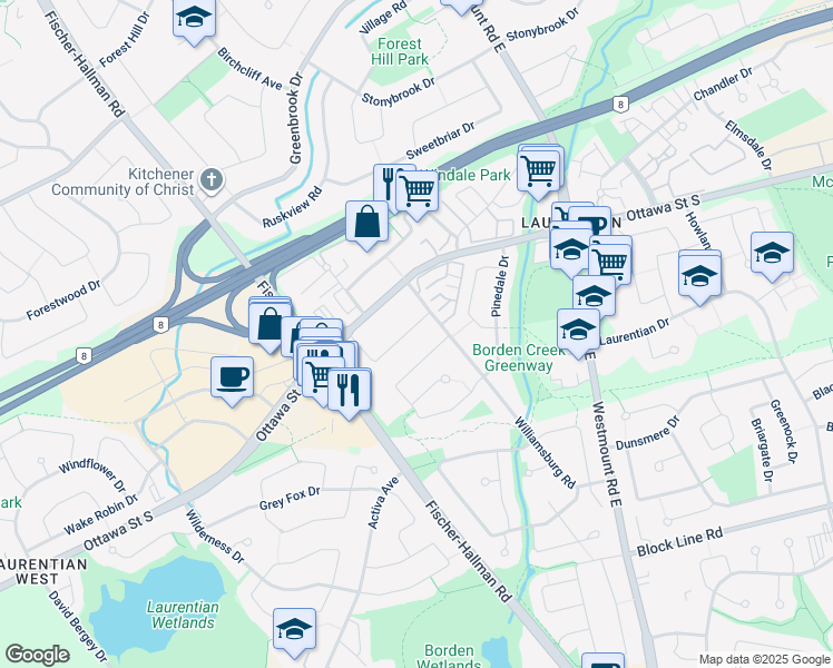 map of restaurants, bars, coffee shops, grocery stores, and more near 31 Nine Pines Road in Kitchener