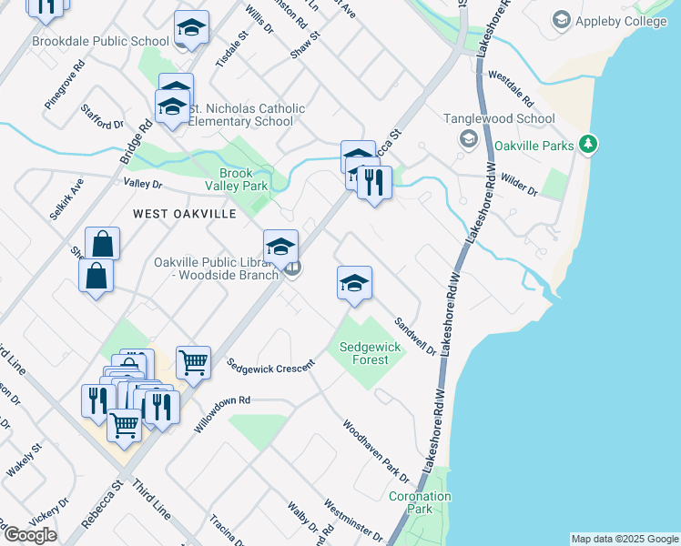map of restaurants, bars, coffee shops, grocery stores, and more near 256 Sandwell Drive in Oakville