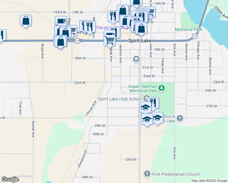 map of restaurants, bars, coffee shops, grocery stores, and more near 2500 Jackson Circle in Spirit Lake