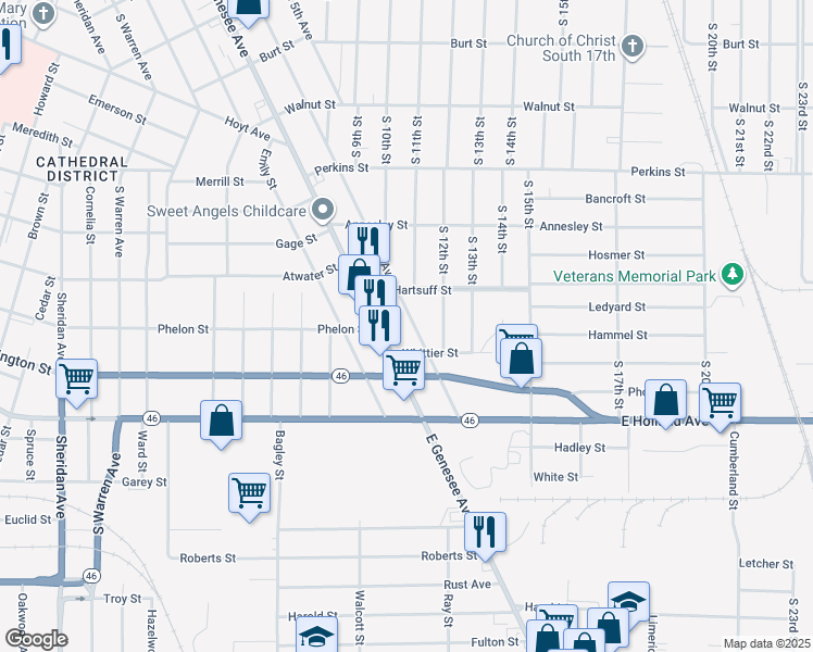 map of restaurants, bars, coffee shops, grocery stores, and more near 1001 South 4th Avenue in Saginaw