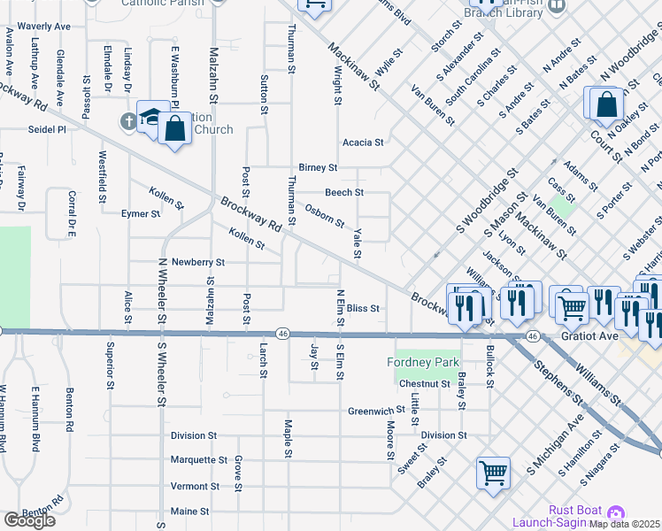 map of restaurants, bars, coffee shops, grocery stores, and more near 1631 Brockway Road in Saginaw