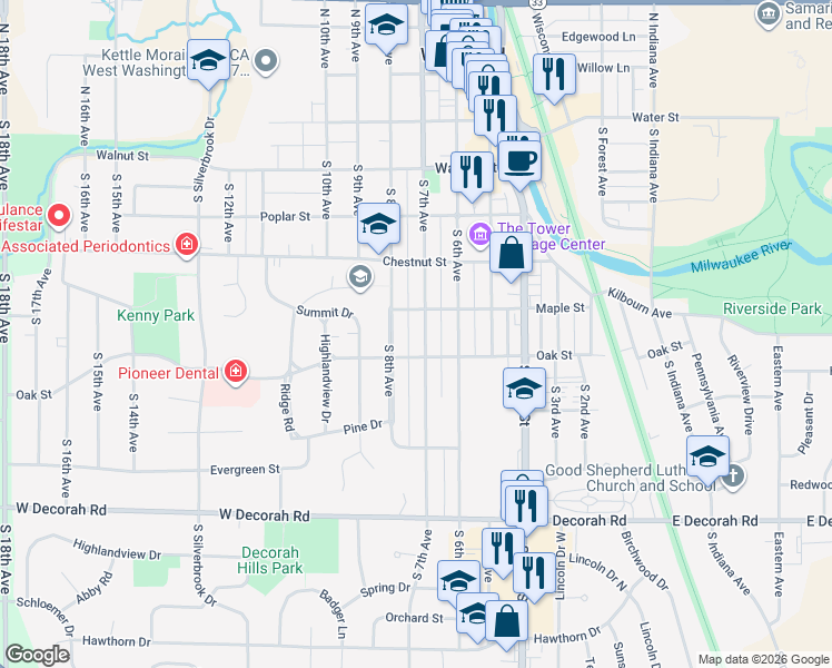 map of restaurants, bars, coffee shops, grocery stores, and more near 528 South 7th Avenue in West Bend