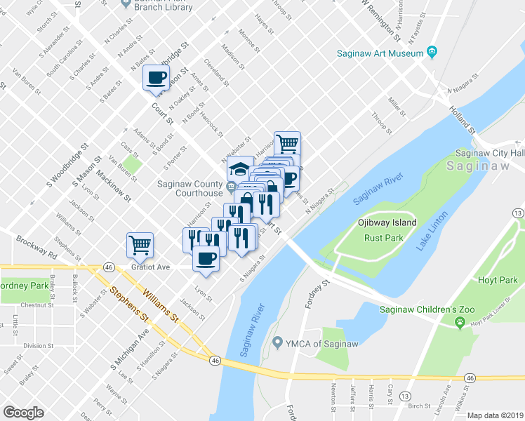 map of restaurants, bars, coffee shops, grocery stores, and more near 418 Court Street in Saginaw