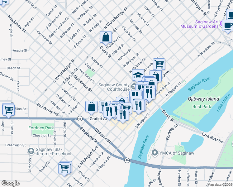 map of restaurants, bars, coffee shops, grocery stores, and more near 311 South Harrison Street in Saginaw