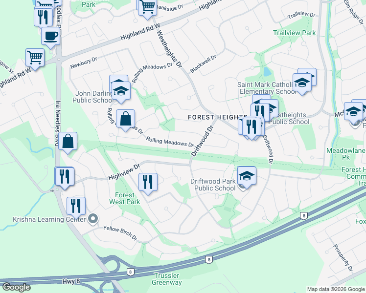map of restaurants, bars, coffee shops, grocery stores, and more near 25 Rolling Meadows Drive in Kitchener