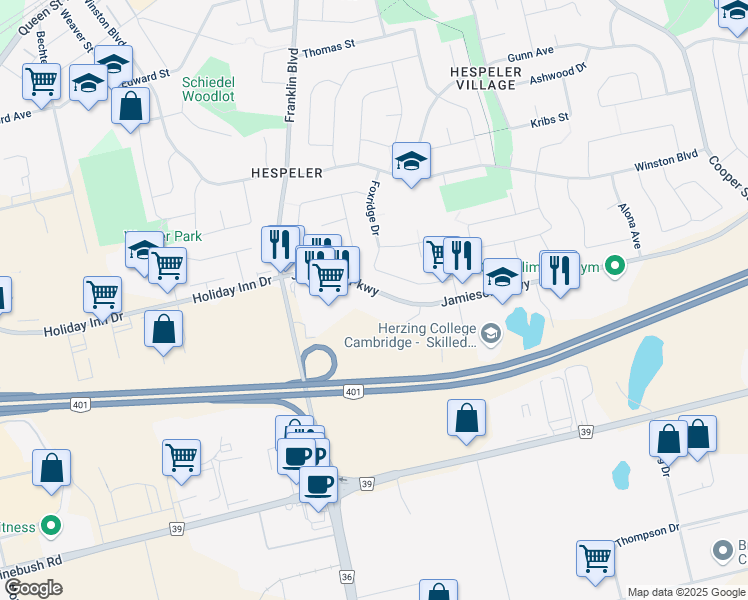 map of restaurants, bars, coffee shops, grocery stores, and more near 200 Jamieson Parkway in Cambridge