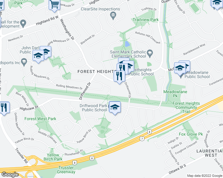 map of restaurants, bars, coffee shops, grocery stores, and more near 100 Homestead Place in Kitchener