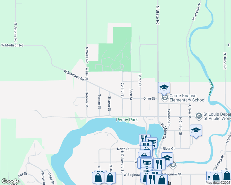 map of restaurants, bars, coffee shops, grocery stores, and more near 416 Olive Street in St. Louis