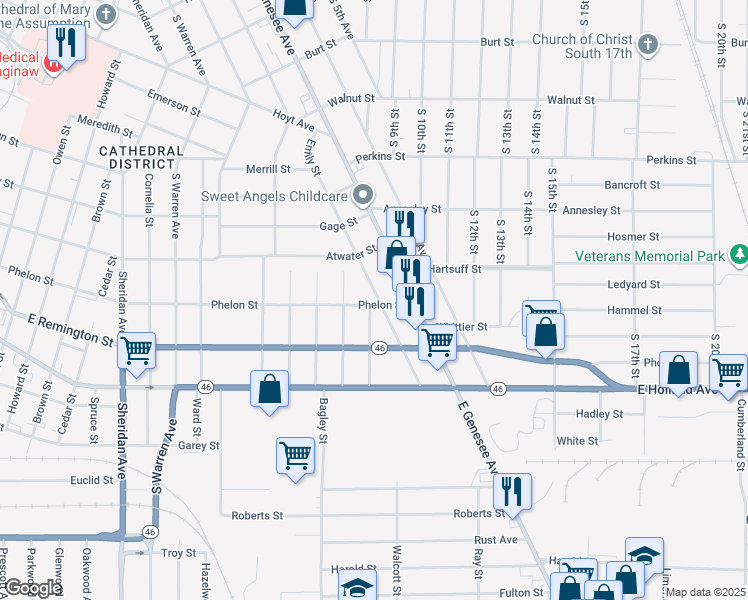 map of restaurants, bars, coffee shops, grocery stores, and more near 1355 Emily Street in Saginaw