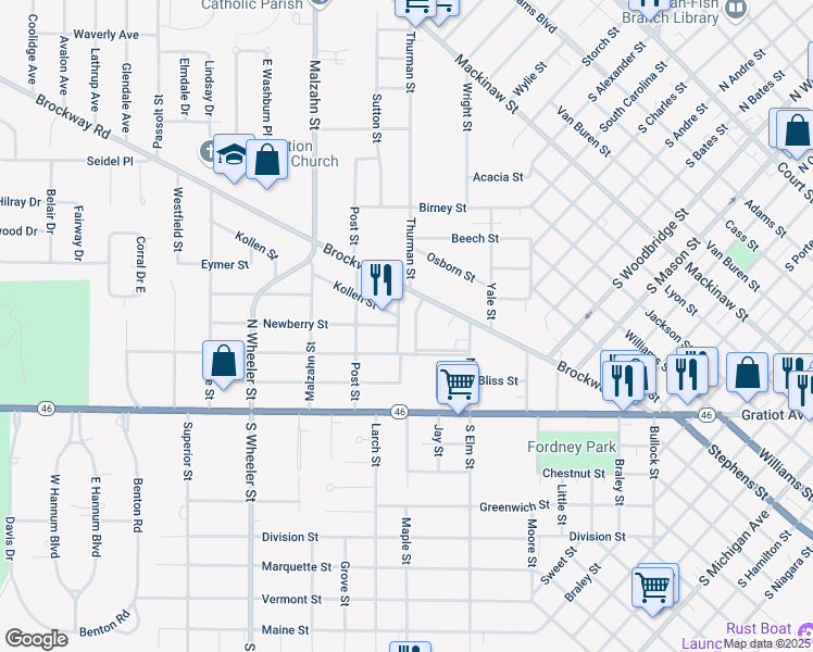 map of restaurants, bars, coffee shops, grocery stores, and more near 327 Brockway Place in Saginaw
