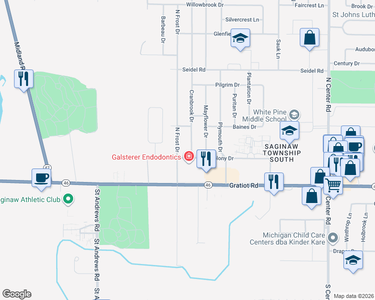 map of restaurants, bars, coffee shops, grocery stores, and more near 301 Cranbrook Drive in Saginaw