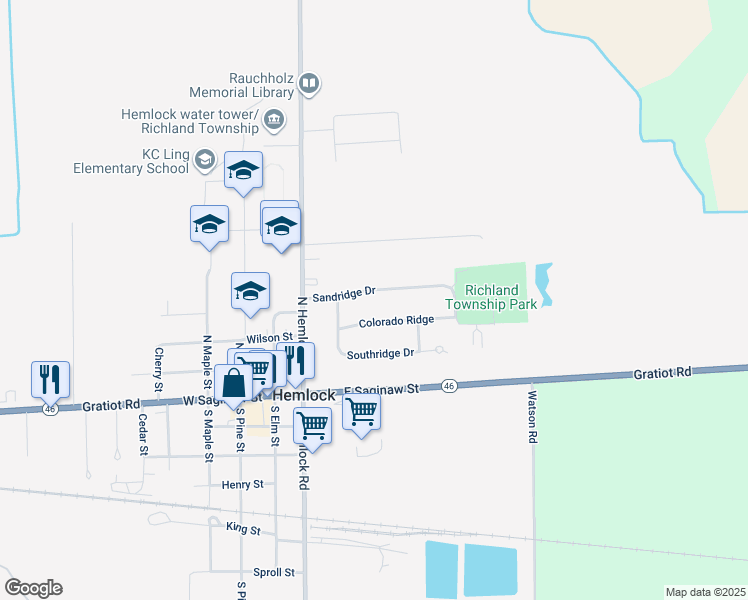 map of restaurants, bars, coffee shops, grocery stores, and more near 312 Sandridge Drive in Hemlock
