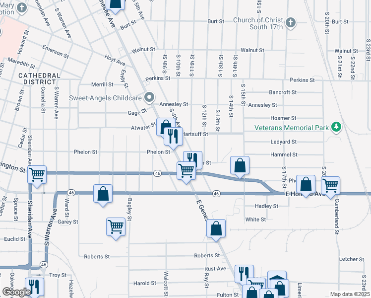 map of restaurants, bars, coffee shops, grocery stores, and more near 1001 South 4th Avenue in Saginaw