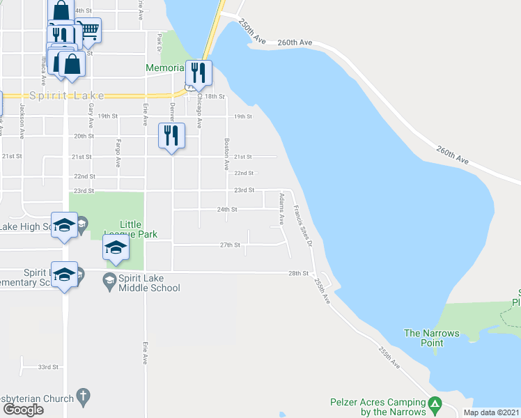 map of restaurants, bars, coffee shops, grocery stores, and more near 24th Street in Spirit Lake