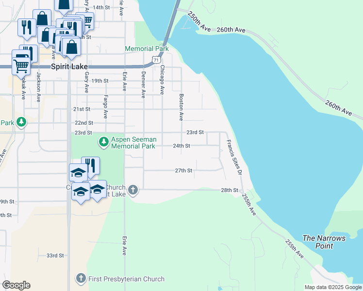 map of restaurants, bars, coffee shops, grocery stores, and more near 199 24th Street in Spirit Lake
