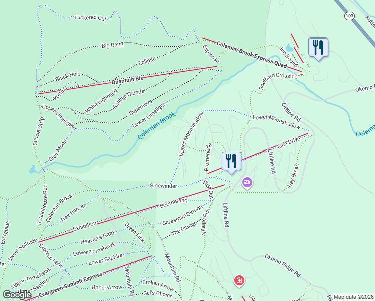 map of restaurants, bars, coffee shops, grocery stores, and more near 165 Moonshadow Drive in Windsor County
