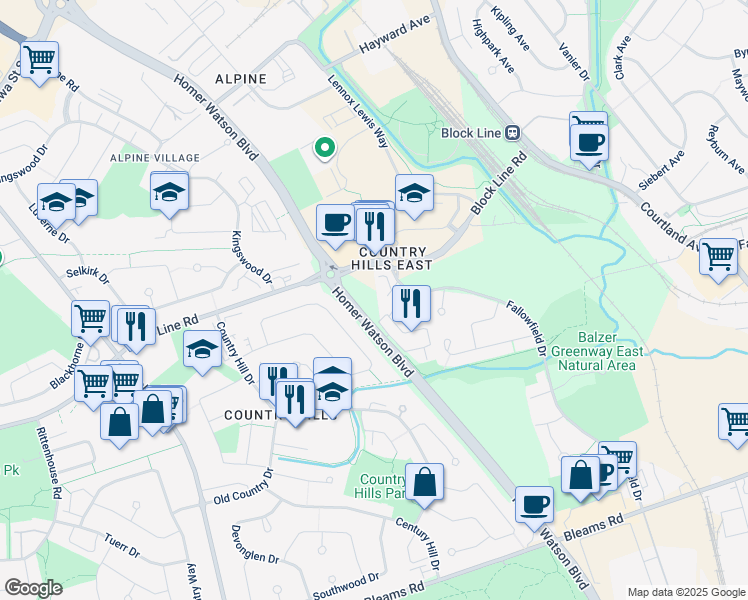 map of restaurants, bars, coffee shops, grocery stores, and more near 1425A Block Line Road in Kitchener