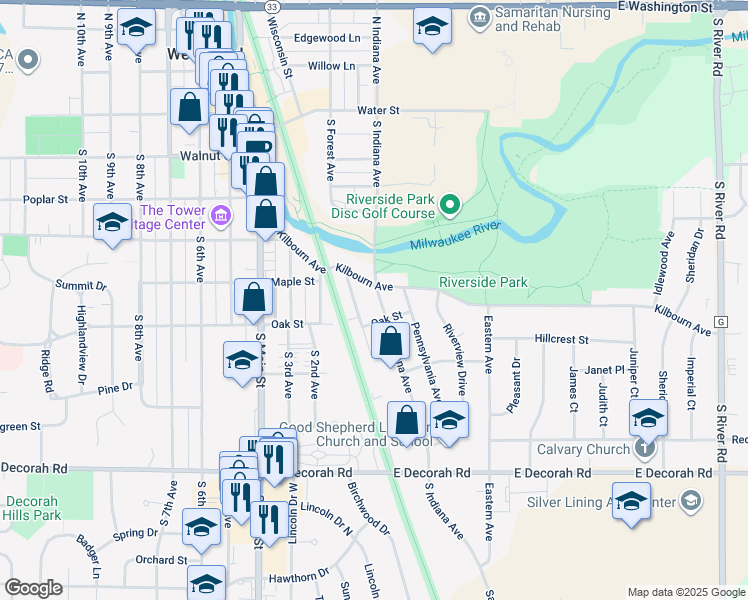 map of restaurants, bars, coffee shops, grocery stores, and more near 528 South Indiana Avenue in West Bend
