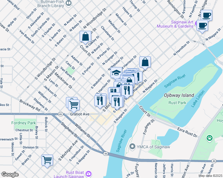 map of restaurants, bars, coffee shops, grocery stores, and more near 111 South Michigan Avenue in Saginaw Charter Township