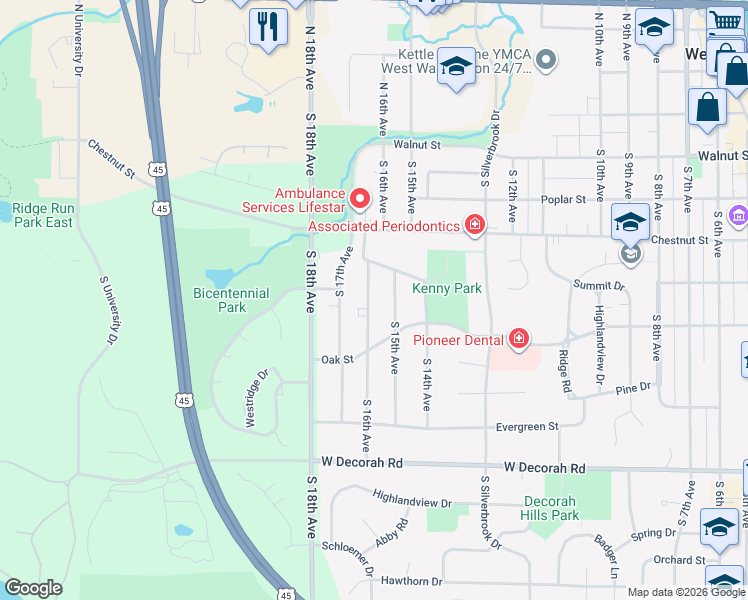 map of restaurants, bars, coffee shops, grocery stores, and more near 523 South 16th Avenue in West Bend