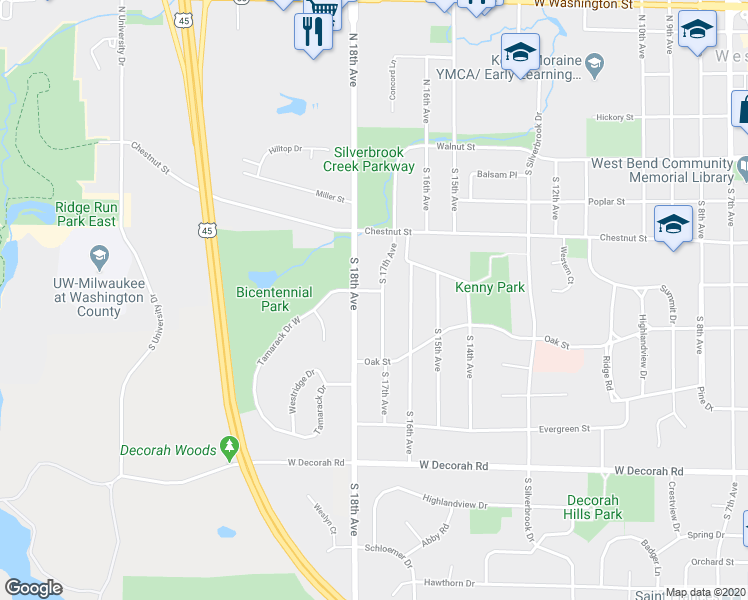 map of restaurants, bars, coffee shops, grocery stores, and more near 510 South 17th Avenue in West Bend