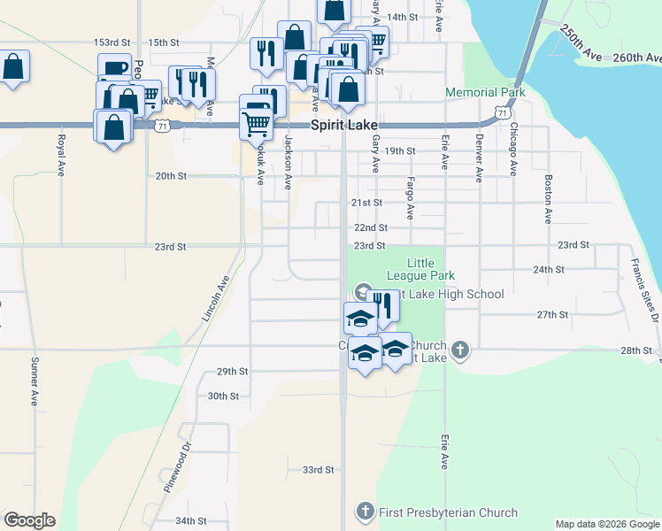 map of restaurants, bars, coffee shops, grocery stores, and more near 800-998 25th Street in Spirit Lake