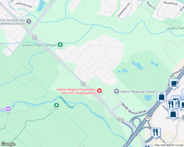 map of restaurants, bars, coffee shops, grocery stores, and more near 1265 Bronte Road in Oakville