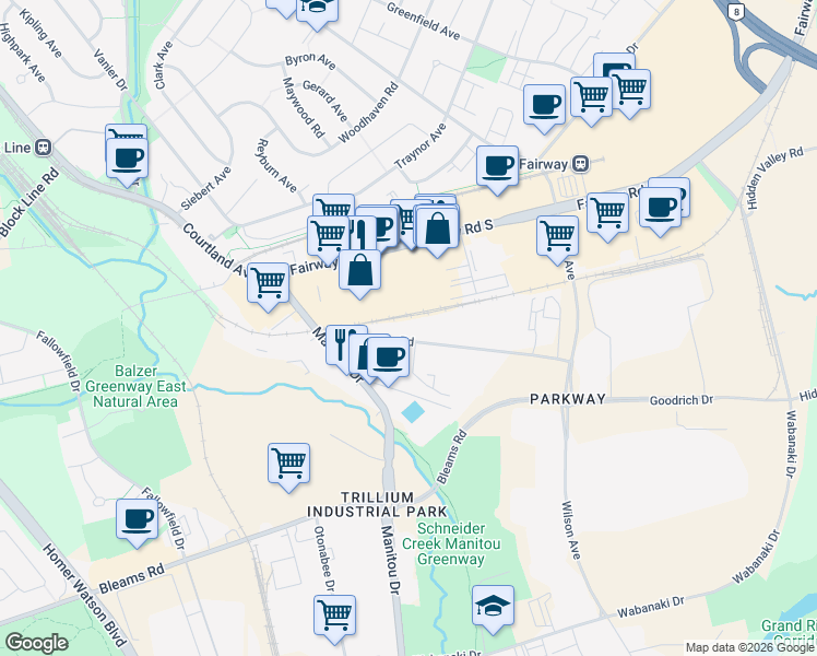 map of restaurants, bars, coffee shops, grocery stores, and more near 200 Webster Road in Kitchener