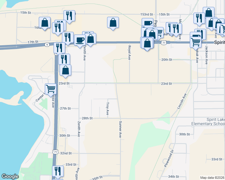 map of restaurants, bars, coffee shops, grocery stores, and more near 2300 Sunner Avenue in Spirit Lake