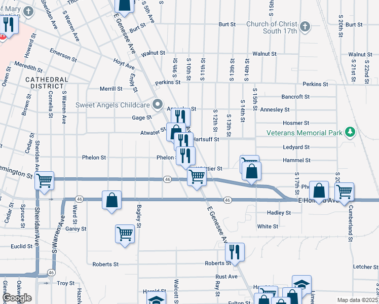 map of restaurants, bars, coffee shops, grocery stores, and more near 1766 East Genesee Avenue in Saginaw
