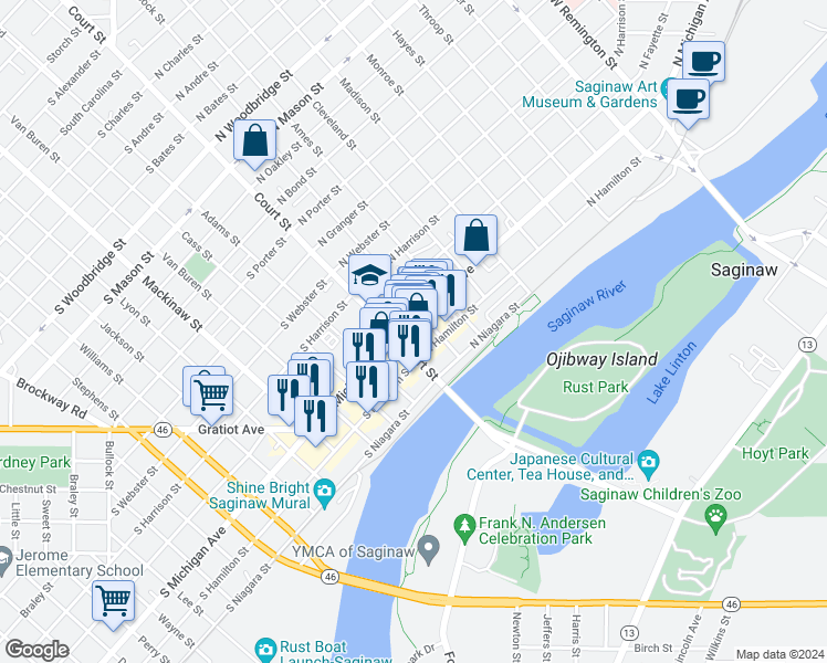 map of restaurants, bars, coffee shops, grocery stores, and more near 110 North Michigan Avenue in Saginaw