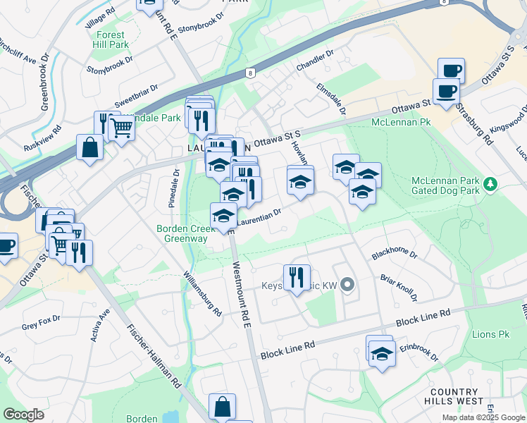 map of restaurants, bars, coffee shops, grocery stores, and more near 34 Laurentian Drive in Kitchener