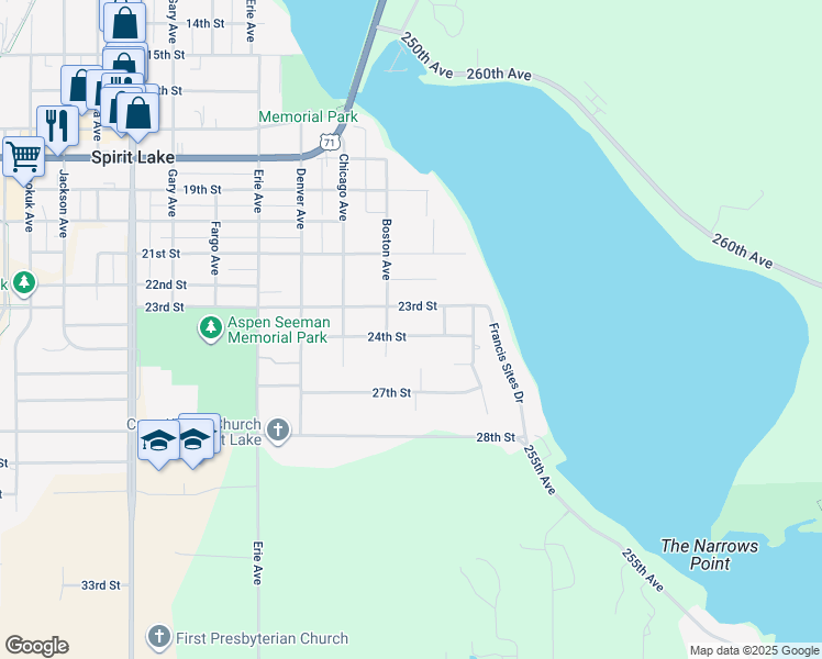map of restaurants, bars, coffee shops, grocery stores, and more near 24th Street in Spirit Lake
